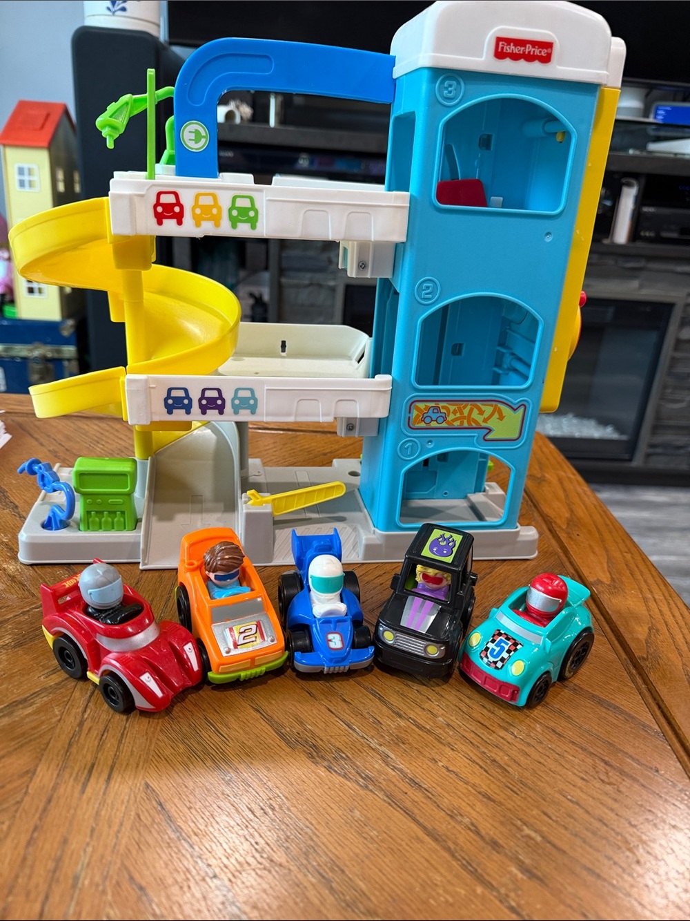Fisher-Price Blue and Yellow Multi-Level Car Garage with Five Push Cars